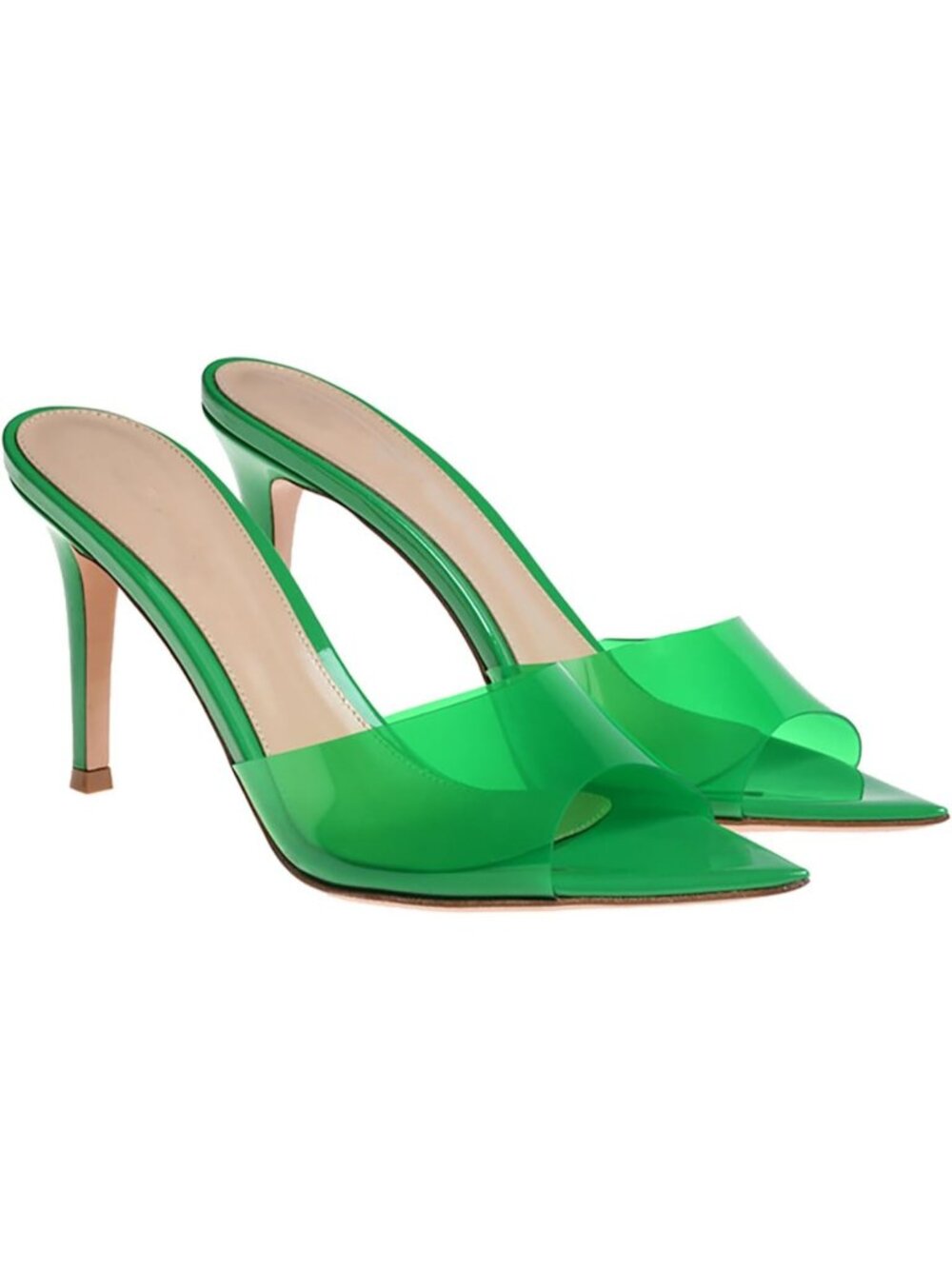 Women's Green Clear Pointed Open Toe Stiletto Heel Slide Sandals Transparent